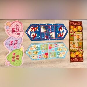 Vintage Snowman, Bunny, Valentines Day Table Runners, Embroidered Table Clothes